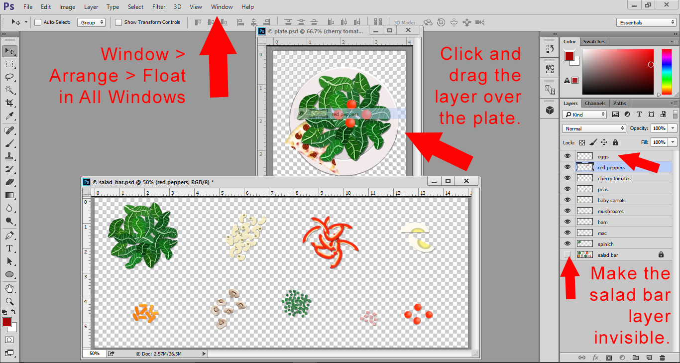 Photoshop Lesson - Float All Windows to see the Plate file and Salad Bar file. Drag salad layers overto the plate.